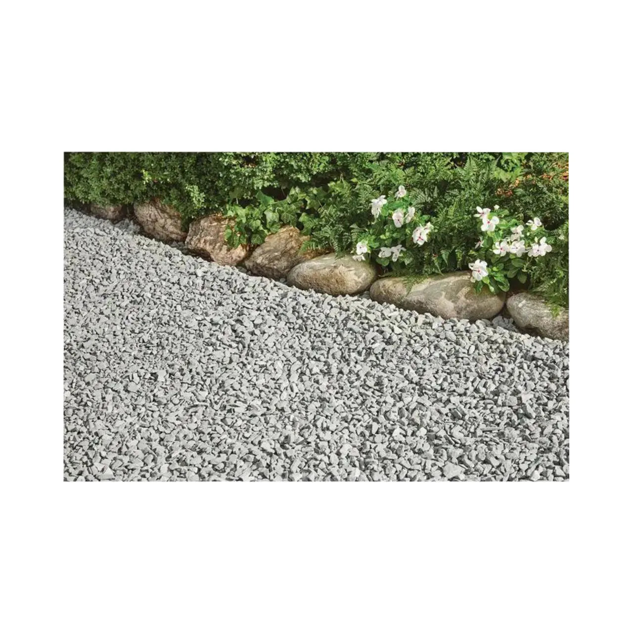 A garden border with Go Build 0.5 cu. ft. Bagged All-Purpose Decorative Landscape Rock - Grey separates plants and white flowers from a gravel pathway, creating a durable ground cover with small, light gray stones.